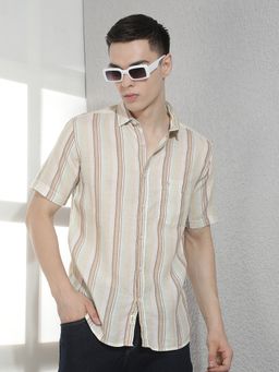 CRIMSOUNE CLUB - Men Beige Vertical Striped Linen Shirt
