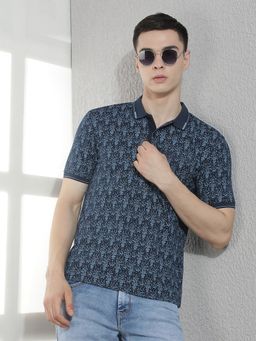 CRIMSOUNE CLUB - Men Navy Blue Printed Polo T-Shirt