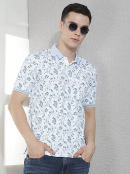 CRIMSOUNE CLUB - Men Blue Floral Print Polo T-Shirt