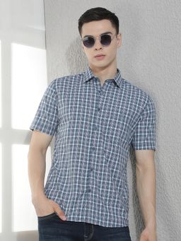 CRIMSOUNE CLUB - Men Blue Checked Pure Cotton Shirt