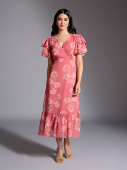 Twenty Dresses by Nykaa Fashion - Pink Floral Print V Neck Ruffled Wrap Fit and Flare Midi Dress