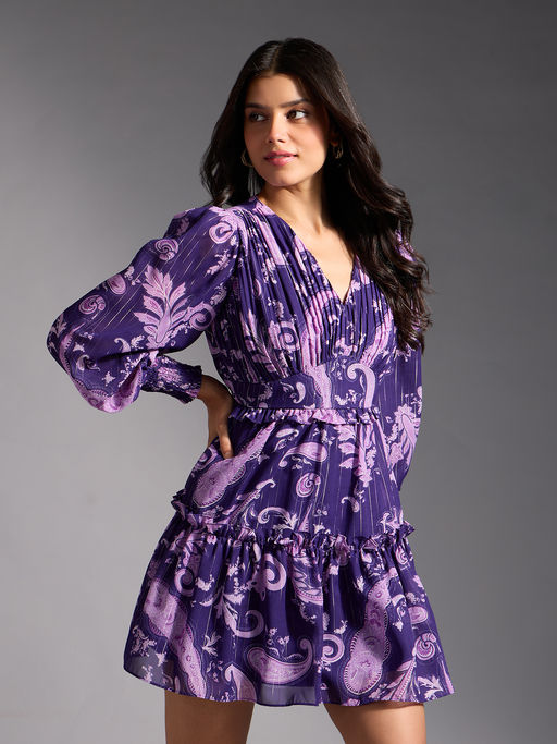 Buy Twenty Dresses by Nykaa Fashion Purple Paisley Print V Neck Full  Sleeves Tiered Short Dress (XS) Online