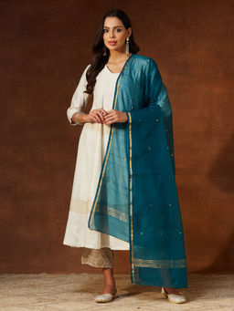 Fabindia - Teal Cotton Silk Blend Chanderi Dupatta