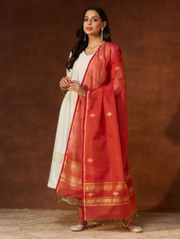 Fabindia - Red Cotton Silk Blend Chanderi Dupatta