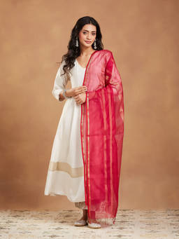Fabindia - Red Cotton Silk Blend Maheshwari Dupatta