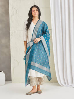 Fabindia - Teal Cotton Silk Blend Banarsi Dupatta