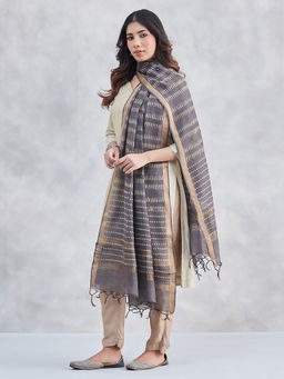 Fabindia - Grey Silk Blend Dabu Printed Dupatta