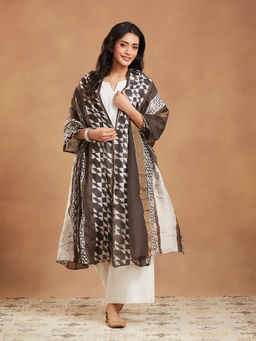 Fabindia - Brown Cotton Silk Blend Batik Printed Dupatta