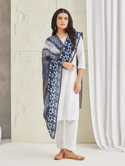 Fabindia - Navy Blue Cotton Silk Blend Batik Printed Dupatta