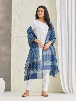 Fabindia - Blue Cotton Silk Blend Hand Block Printed Dupatta