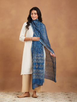 Fabindia - Blue Cotton Silk Blend Dabu Printed Dupatta