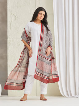 Fabindia - Black-Red Cotton Silk Bagh Printed Dupatta