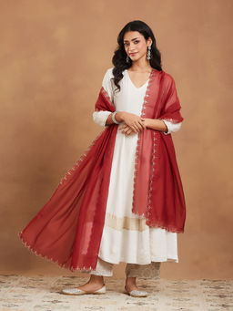 Fabindia - Maroon Cotton Silk Hand Embroidered Dupatta