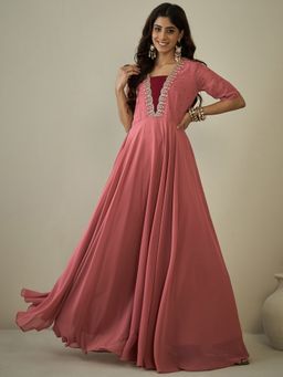 INDDUS - Women Embroidered Yoke Design Fit and Pink Flare Ethnic Dress