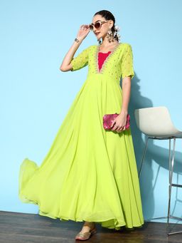 INDDUS - Women Embroidered Yoke Design Fit and Flare Green Ethnic Dress