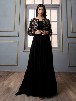 INDDUS - Women Solid Maxi Dress with Floral Thread Embroidered Jacket