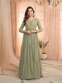 INDDUS - Women Floral Zari and Sequinned Embroidered Tiered Ethnic Green Dress