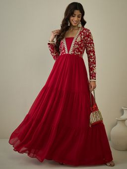 INDDUS - Women Floral Zari and Sequinned Embroidered Tiered Ethnic Dress
