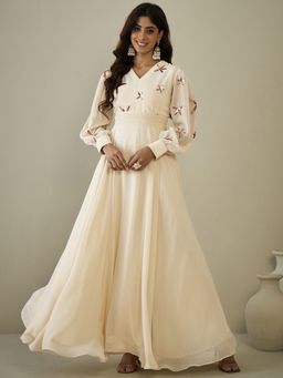 INDDUS - Women Floral Sequinned Embroidered A-Line Ethnic Dress