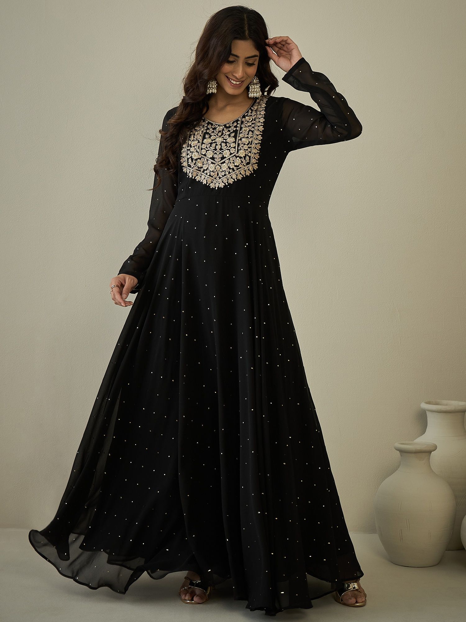 inddus Women Zari and Sequinned Embroidered Yoke with Mukaish Black Dress-picture-37