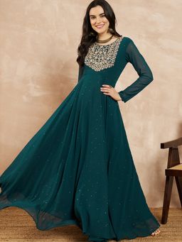 INDDUS - Women Zari and Sequinned Embroidered Yoke with Mukaish Teal Dress
