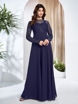 INDDUS - Women Striped Sequinned Embroidered A-Line Ethnic Dress