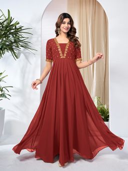 INDDUS - Women Floral Thread and Sequinned Embroidered A-Line Ethnic Dress