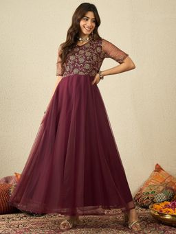 INDDUS - Women Floral Thread and Sequinned Embroidered Wine Ethnic Dress