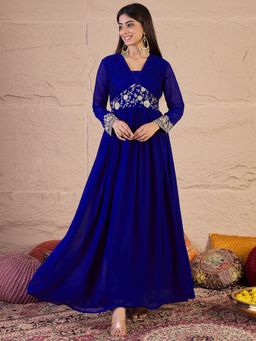 INDDUS - Women Floral Zari and Sequinned Embroidered Pleated A-Line Ethnic Dress