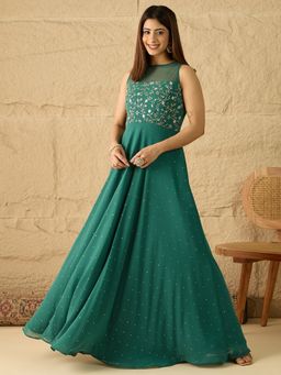 INDDUS - Women Floral Zari and Sequinned Embroidered Ethnic Dress