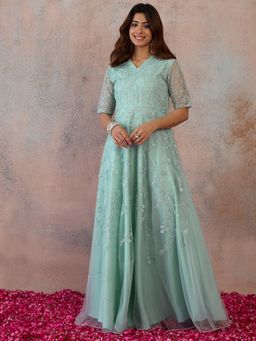 INDDUS - Women Floral Thread Embroidered Ethnic Dress