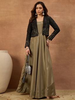 INDDUS - Women Solid Ethnic Dress with Floral Thread and Sequinned Embroidered Jacket