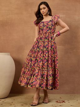 INDDUS - Women Floral Printed and Pleated Ethnic Dress