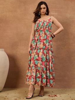 INDDUS - Women Floral Printed and Pleated Ethnic Dress