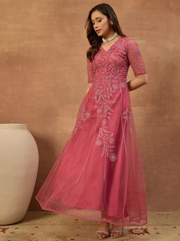 INDDUS - Women Floral Zari Embroidered Ethnic Dress