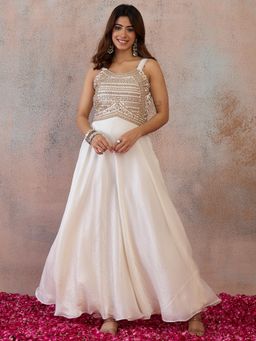 INDDUS - Women Organza Silk Zari and Sequinned Embroidered Flared White Ethnic Dress
