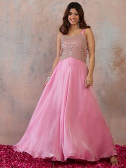 INDDUS - Women Organza Silk Zari and Sequinned Embroidered Flared Pink Ethnic Dress