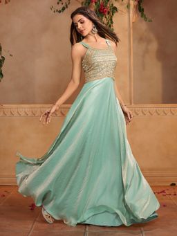 INDDUS - Women Organza Silk Zari and Sequinned Embroidered Flared Turquoise Ethnic Dress