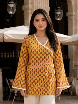 KAFTANIZE - Mustard Floral Block Printed Angrakha Short Kurti