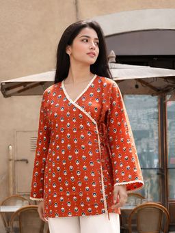 KAFTANIZE - Rust Floral Block Printed Angrakha Short Kurti