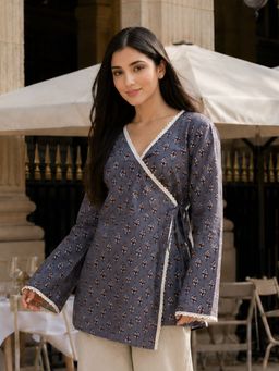 KAFTANIZE - Grey Floral Block Printed Angrakha Short Kurti