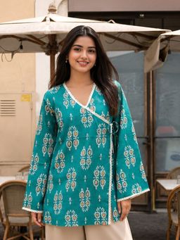 KAFTANIZE - Green Floral Block Printed Angrakha Short Kurti