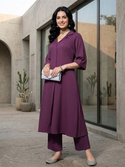 LAASYNA - Collar Neck Mauve Straight Printed Co-Ord Set