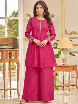 LAASYNA - Floral Embroidered Thread Work Chanderi Cotton A-Line Kurta With Palazzo