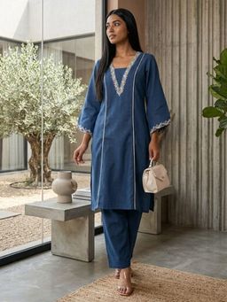 LAASYNA - Navy Blue and White Square Neck Floral Embroidered Kurta with Pant