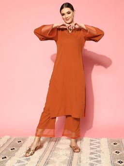 LAASYNA - Rust Organza detailed V Neck Textured Kurta With Palazzo