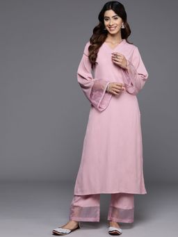 LAASYNA - Pink Organza detailed Solid Kurta With Palazzo
