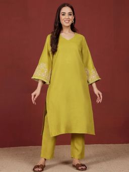 LAASYNA - Floral Embroidered V-Neck Thread Work Straight Kurta With Pant