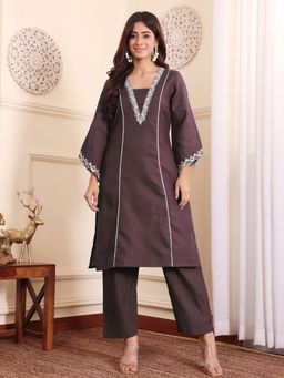 LAASYNA - V-Neck Embroidered Thread Work Straight Kurta With Pant