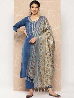 LAASYNA - Blue Yoke Embroidered Kurta With Pant & Dupatta